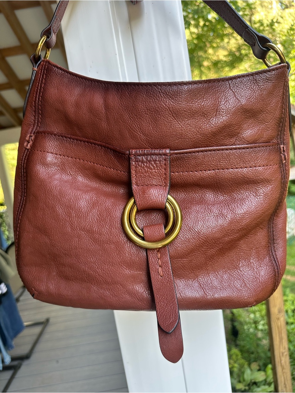 Frye Modern Ring Crossbody Distressed Brown Leather with Brass Ring Accent - Picture 1 of 11